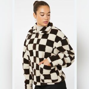 Wild Rose Checkered Brown and White Sherpa Jacket